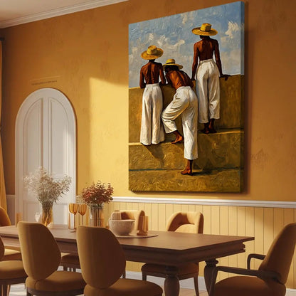 The Summer Watchers Wall Art, three figures in white pants against a blue sky on Tampa Home & Garden Store