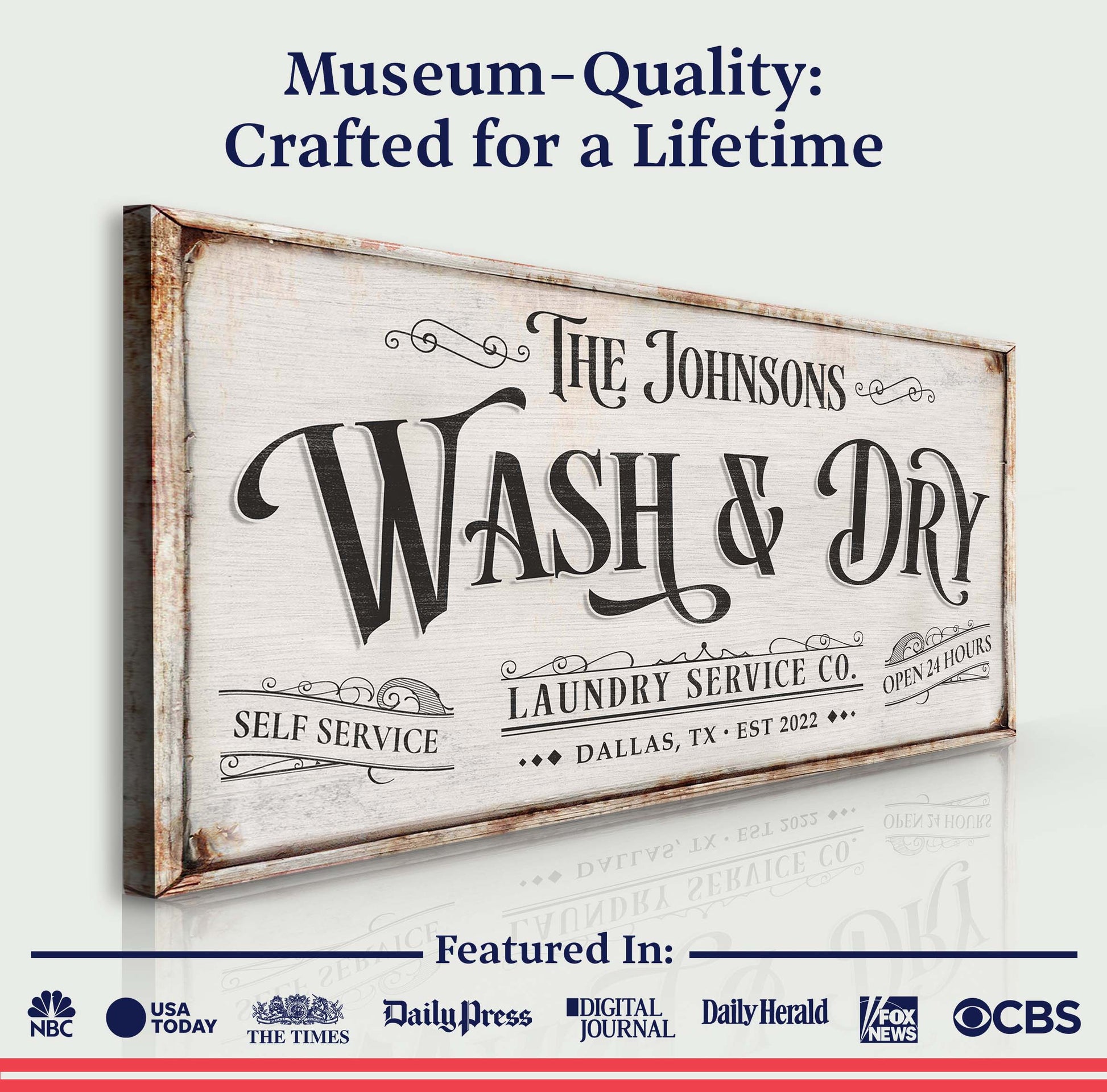 Personalized Laundry Service Sign on canvas with rustic wood frame by Tailored Canvases on Tampa Home & Garden Store