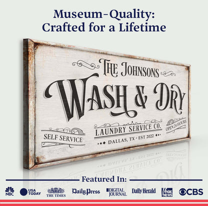 Personalized Laundry Service Sign on canvas with rustic wood frame by Tailored Canvases on Tampa Home & Garden Store