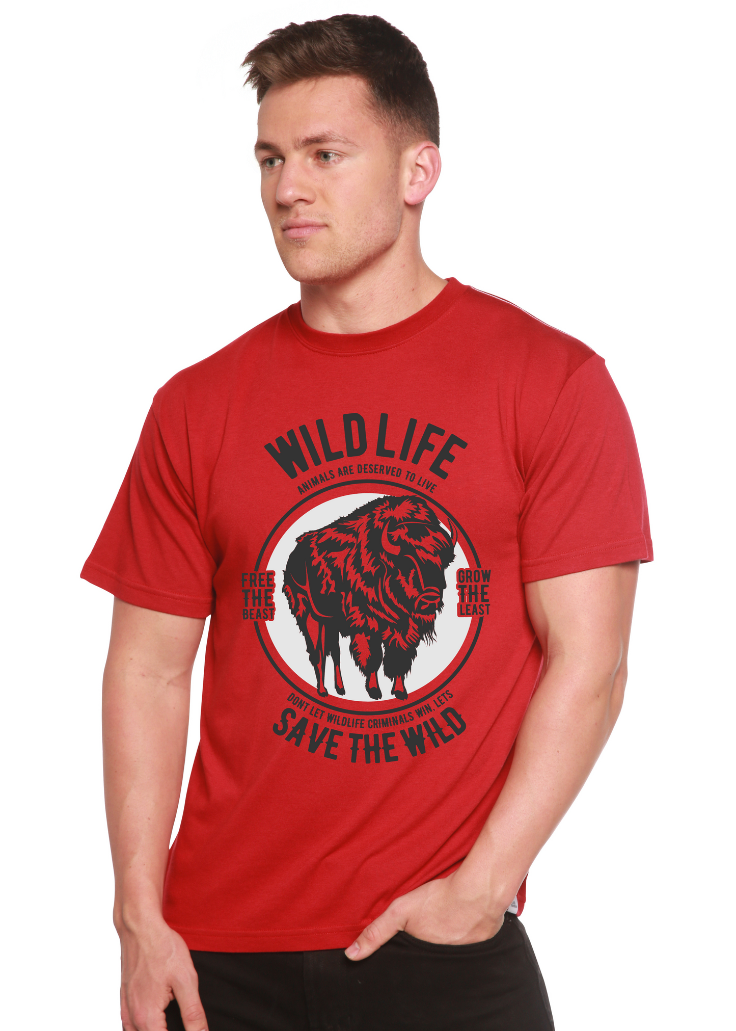 Red Spun Bamboo men's graphic T-shirt with bold bison circle logo on Tampa Home & Garden Store