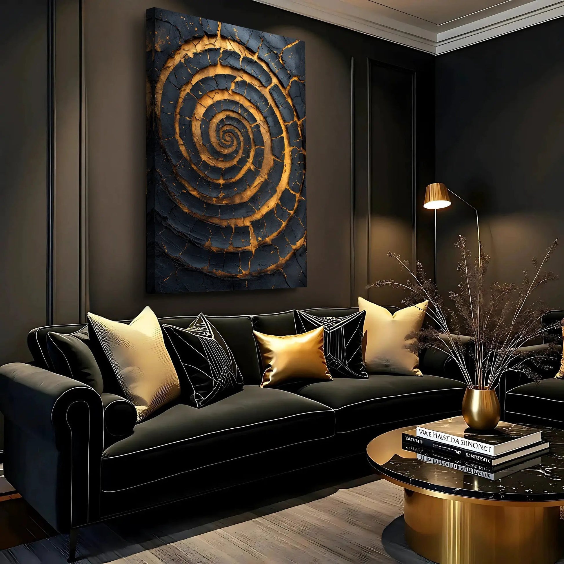 Black and gold cracked spiral canvas wall art by Tailored Canvases on Tampa Home & Garden Store