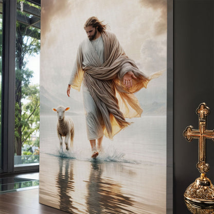 Canvas Jesus Protects The Lamb From Wolves Faith Wall Art beige-robed Jesus with lamb on Tampa Home & Garden Store