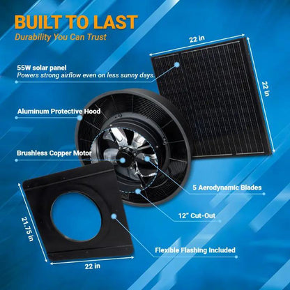 42W solar attic fan with remote by Langy Solar Lights, aluminum hood, 5 blades on Tampa Home & Garden Store