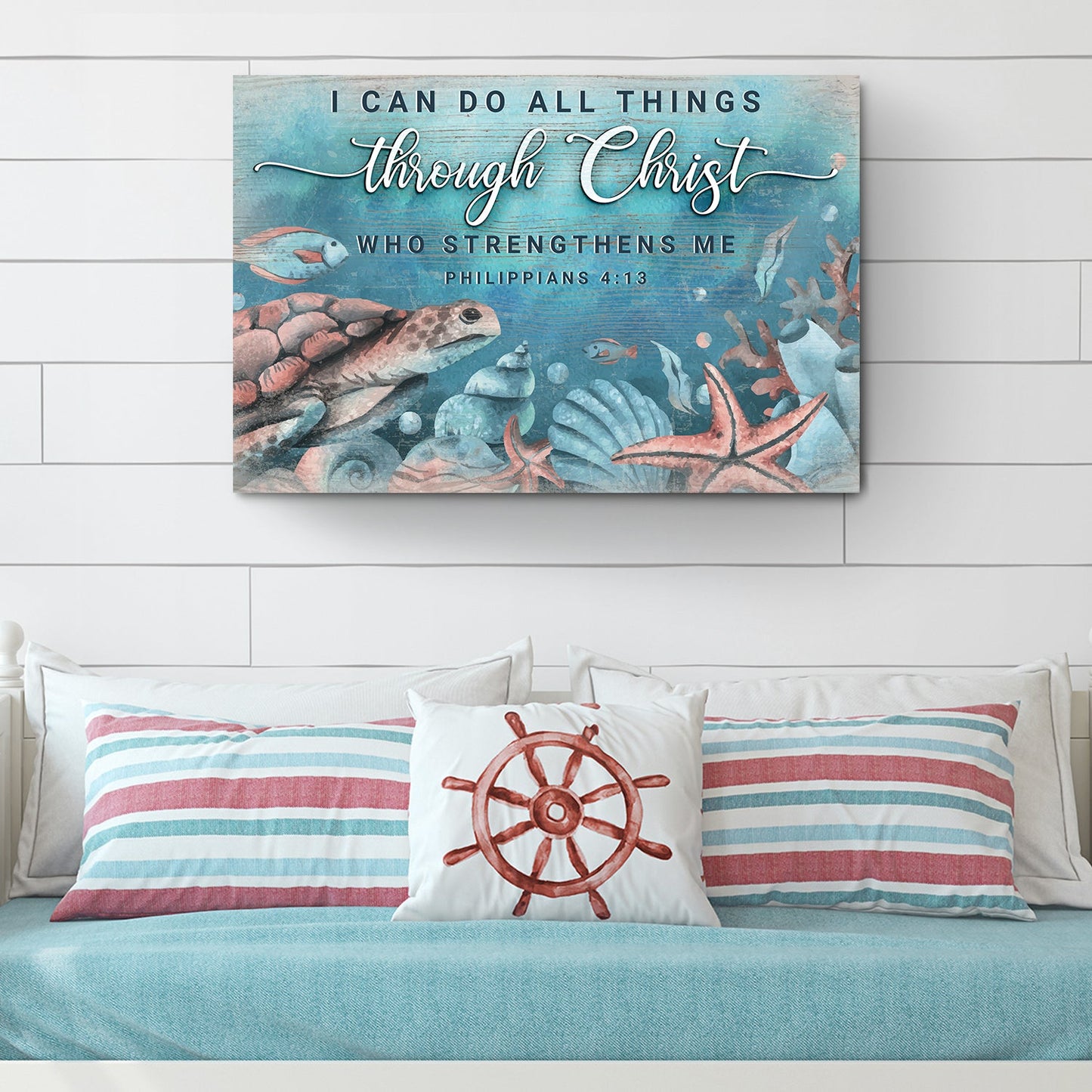 I Can Do All Things Through Christ faith sign canvas by Tailored Canvases, blue ocean with shells on Tampa Home & Garden Store