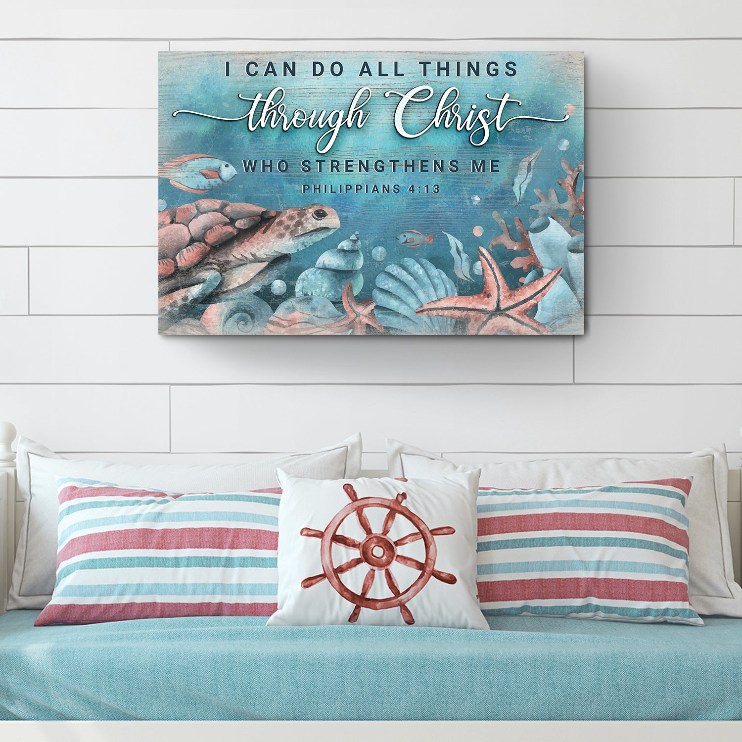I Can Do All Things Through Christ faith sign canvas by Tailored Canvases, blue ocean with shells on Tampa Home & Garden Store