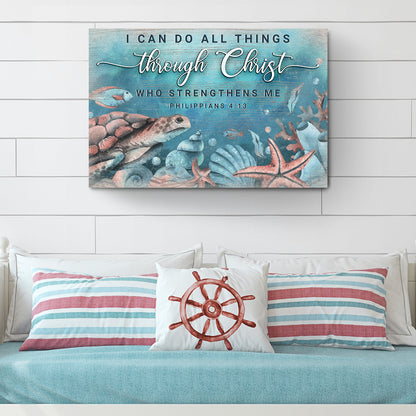 I Can Do All Things Through Christ faith sign canvas by Tailored Canvases, blue ocean with shells on Tampa Home & Garden Store