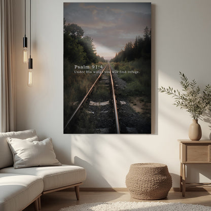 Canvas wall art by Tailored Canvases showing railroad tracks through a sunset forest with Psalm 91:4 refuge on Tampa Home & Garden Store
