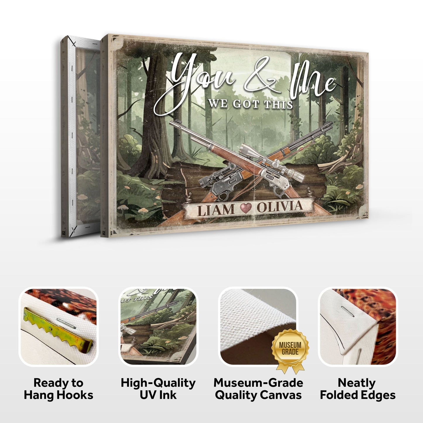 Gun Themed We Got This Couple Sign canvas with forest backdrop and rifles Tailored Canvases on Tampa Home & Garden Store