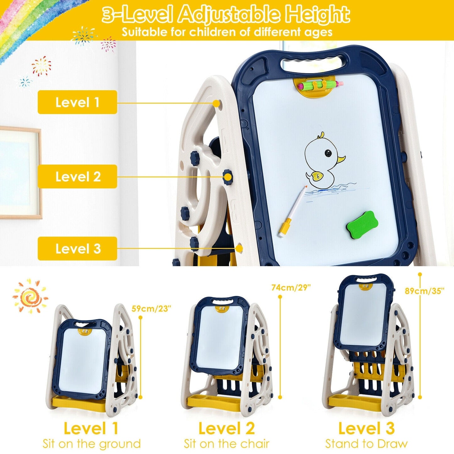 3-in-1 Kids Art Easel Double-Sided Tabletop Easel with Art Accessories