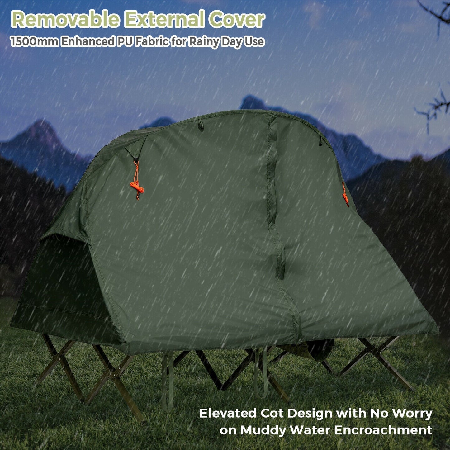 GemGear 2-person tent with removable external cover in green, elevated cot design on Tampa Home & Garden Store