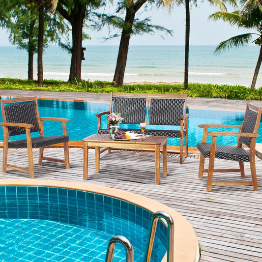 4 Pieces Outdoor Patio Rattan Furniture Sofa Set with Acacia Wood Frame - Tampa Home & Garden Store