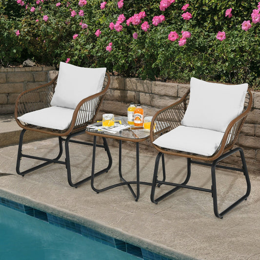 3 Pieces Patio Rattan Bistro Set Cushioned Chair Glass Table Deck-White - Tampa Home & Garden Store
