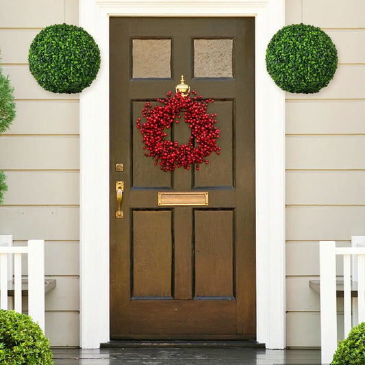 Artificial boxwood topiary ball set, 2 green 15.7-inch faux greenery flanking door on Tampa Home & Garden Store