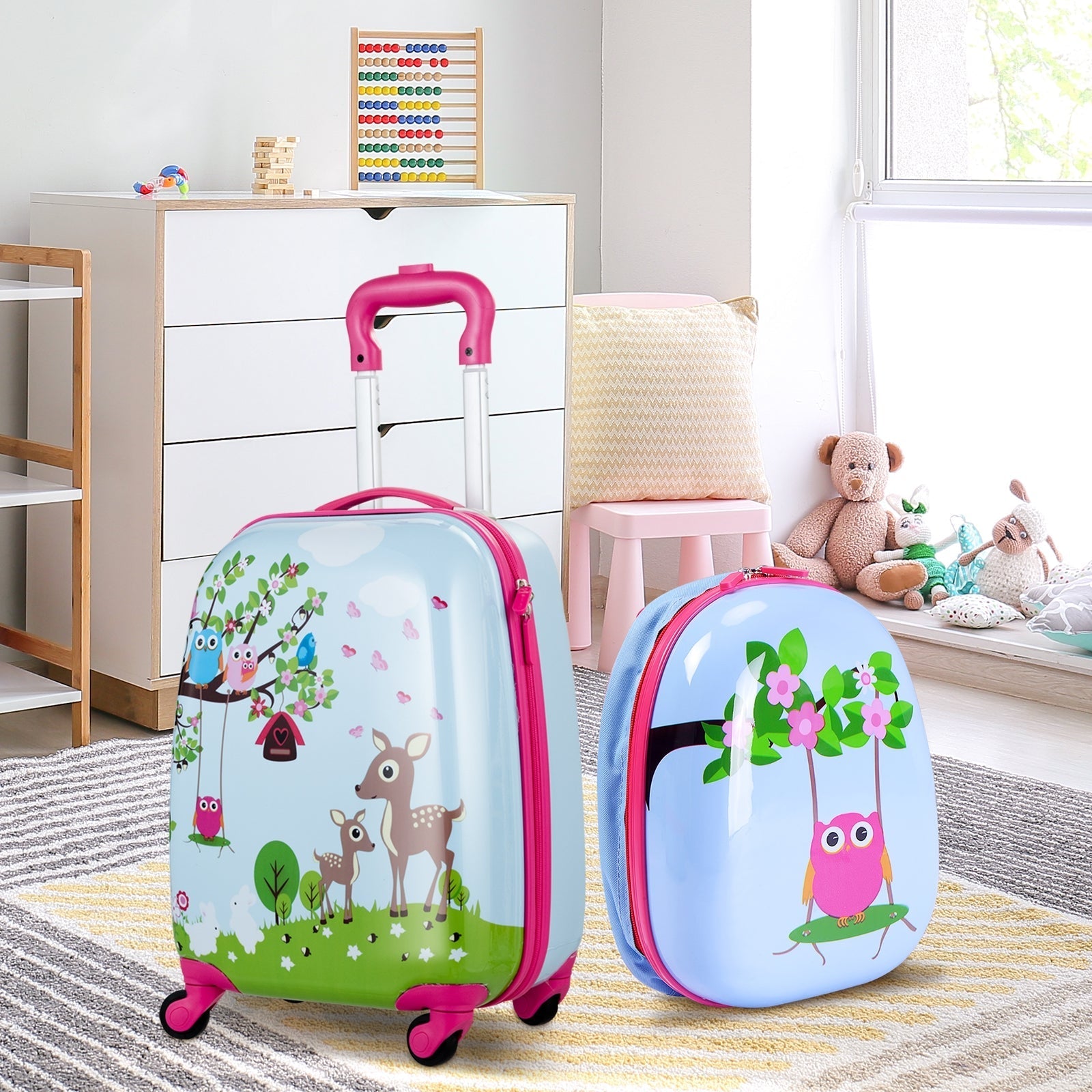 GemGear 2-piece ABS kids suitcase set with pink handles; light blue cases with owls and deer on Tampa Home & Garden Store