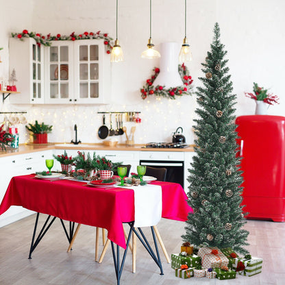 Snowy artificial pencil Christmas tree with pine cones DirectDeals in a festive kitchen on Tampa Home & Garden Store