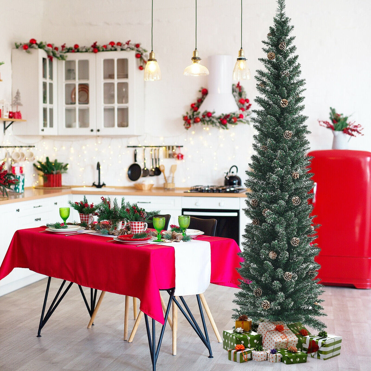 Snowy Artificial Pencil Christmas Tree with Pine Cones by DirectDeals in a festive kitchen on Tampa Home & Garden Store
