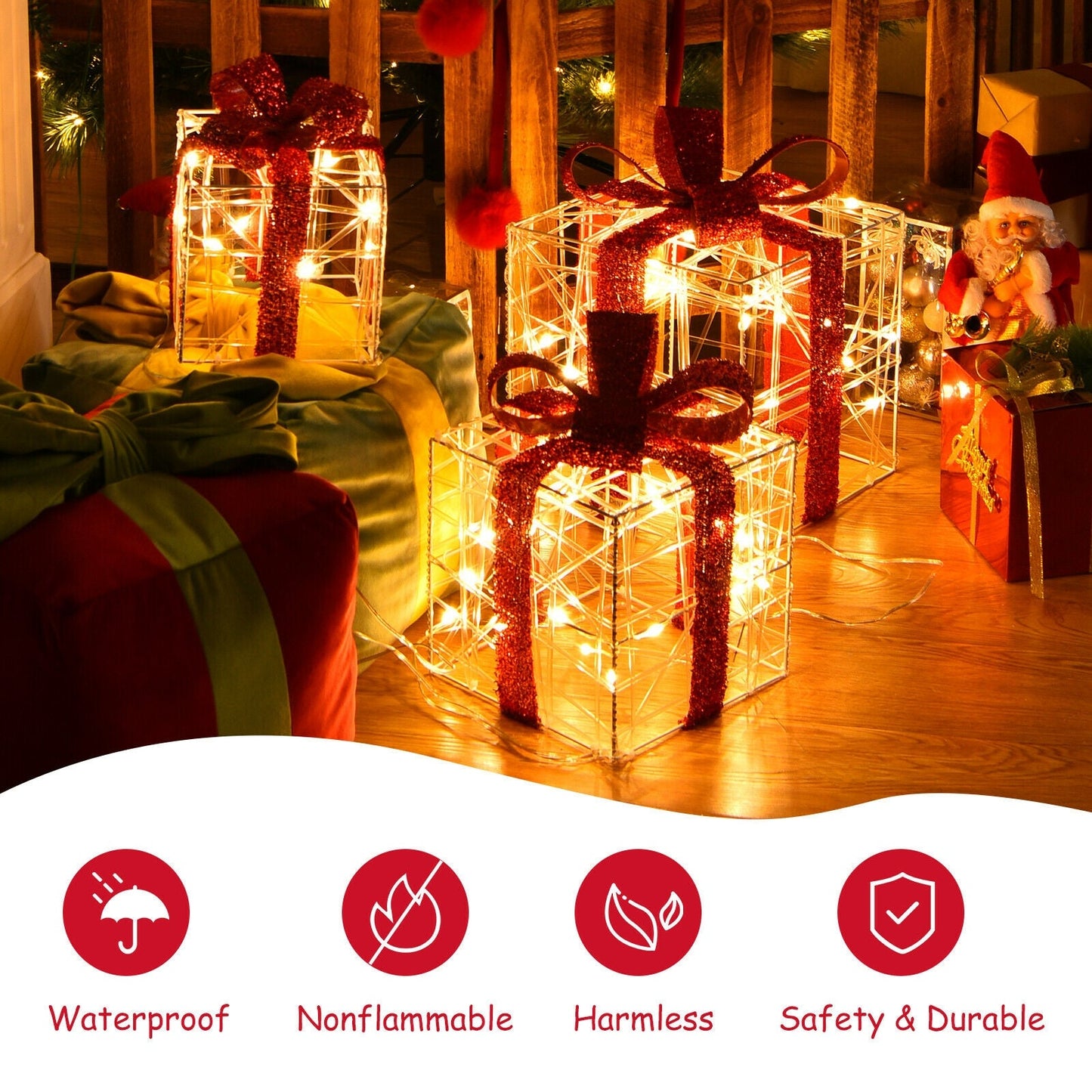 3pc lighted gift boxes with 60 LEDs in clear cube frames red glitter ribbons DirectDeals on Tampa Home & Garden Store