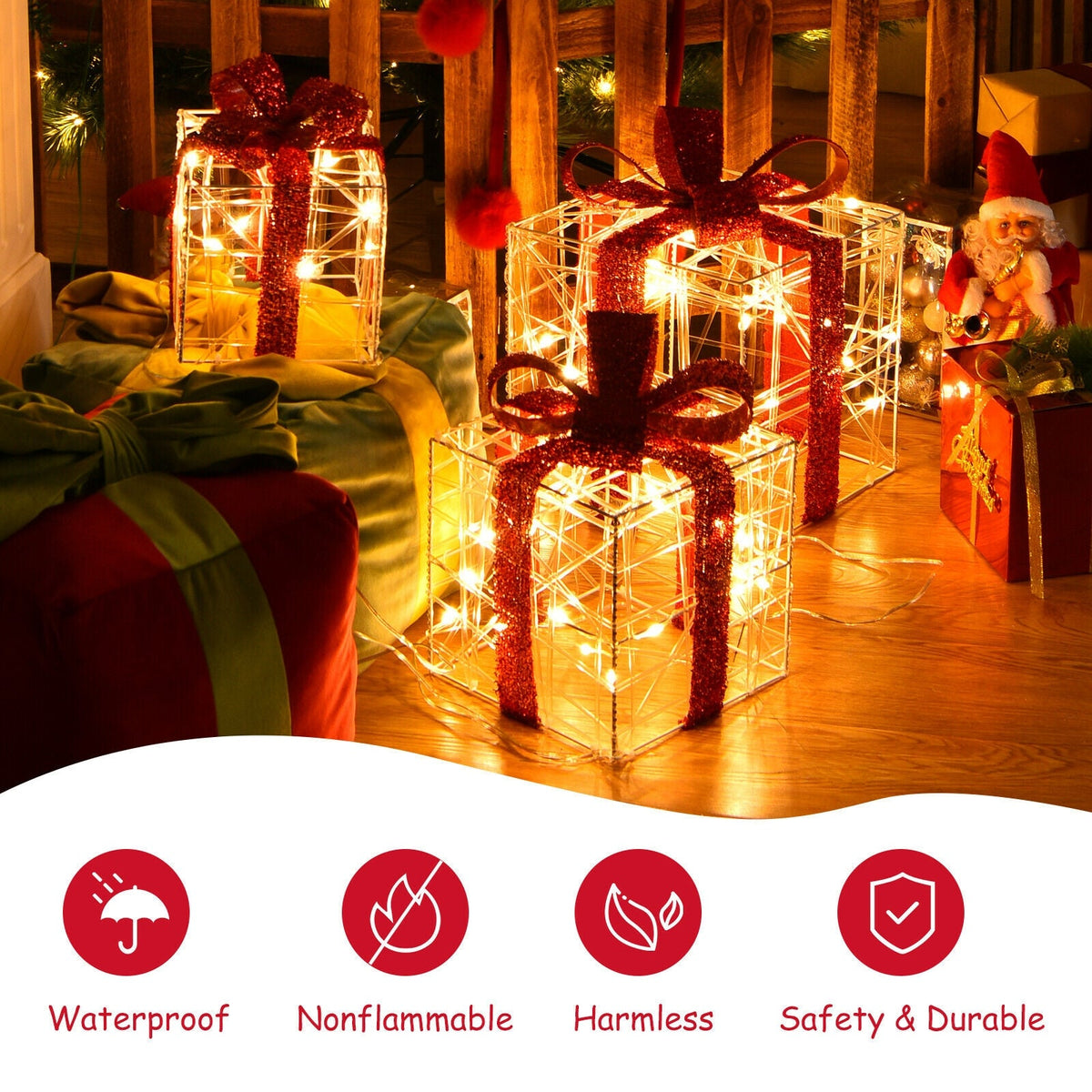 3pc lighted gift boxes with 60 LEDs in clear cube frames red glitter ribbons DirectDeals on Tampa Home & Garden Store