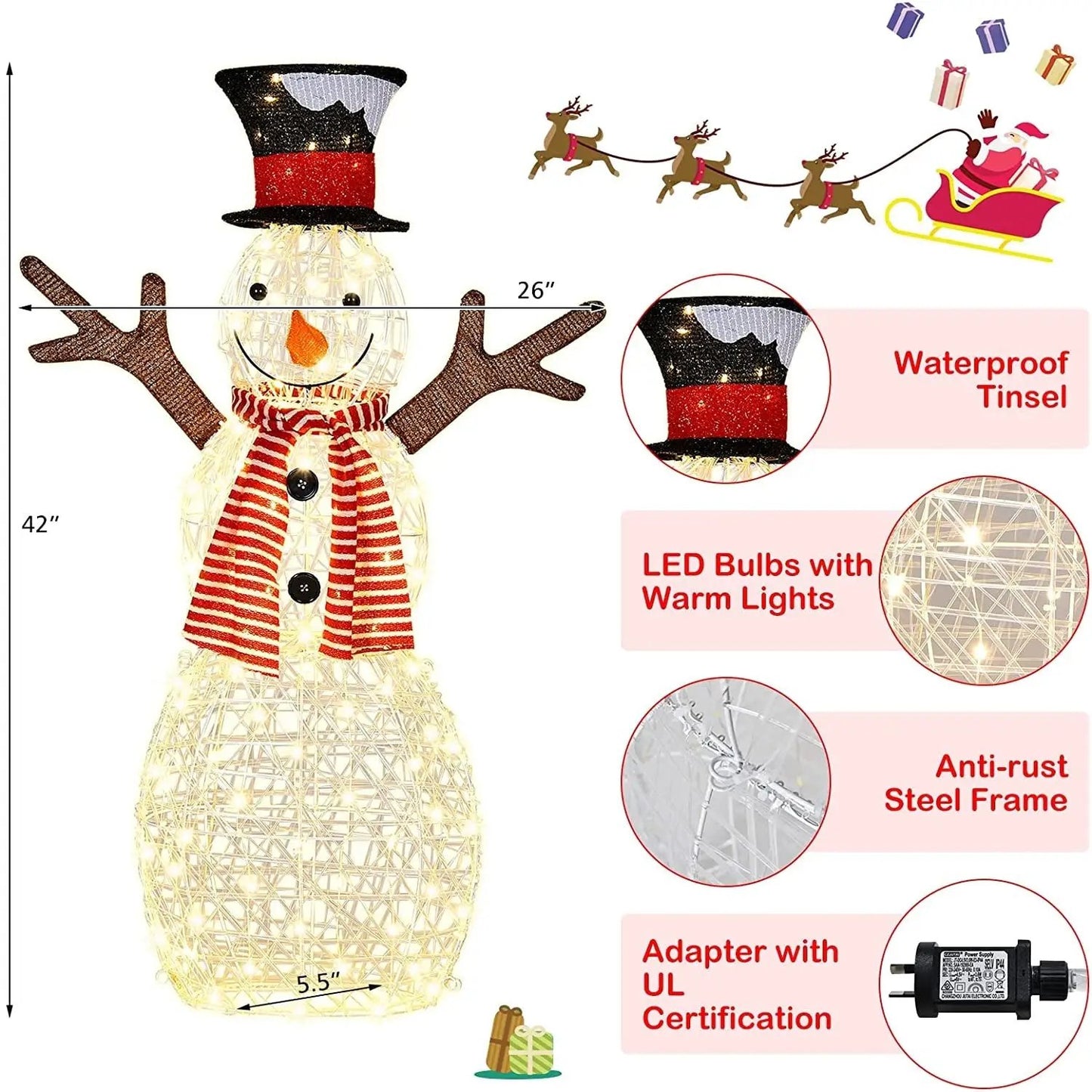 DirectDeals 42-inch indoor/outdoor snowman with 80 warm LED lights, black hat, red scarf on Tampa Home & Garden Store