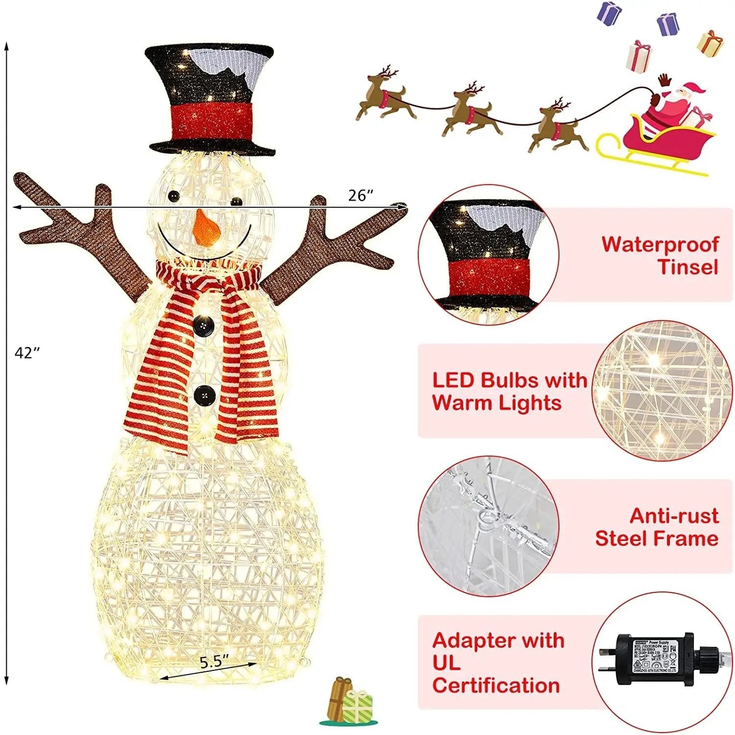 DirectDeals 42-inch indoor/outdoor snowman with 80 warm LED lights, black hat, red scarf on Tampa Home & Garden Store