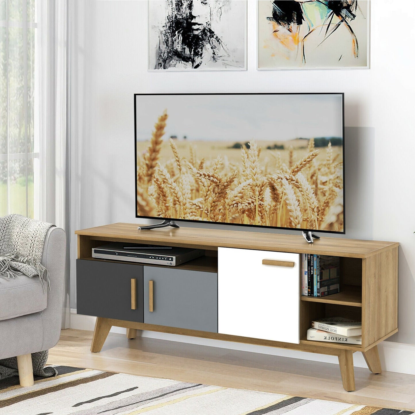 Mueble para TV de 65 pulgadas con 3 armarios de almacenamiento y 3 estantes abiertos para salón