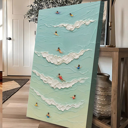 Beach Days Wall Art XIX canvas by Tailored Canvases, teal sea with wave relief and surfers on Tampa Home & Garden Store