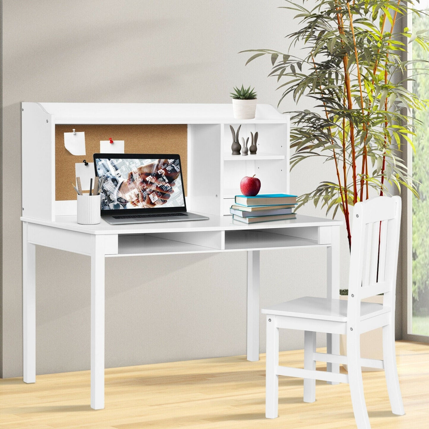 Kids Desk and Chair Set Study Writing Desk with Hutch and Bookshelves
