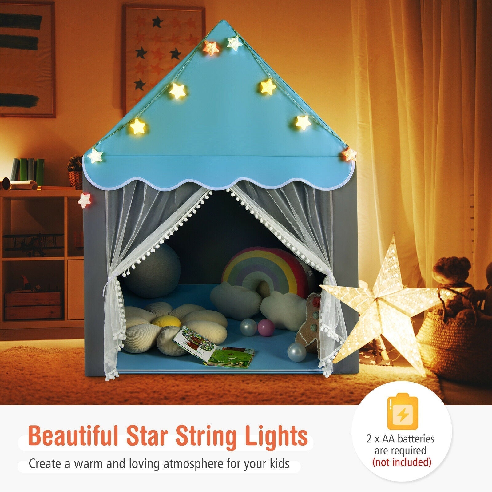 GemGear Kids Playhouse Tent blue with star string lights and sheer curtains on Tampa Home & Garden Store