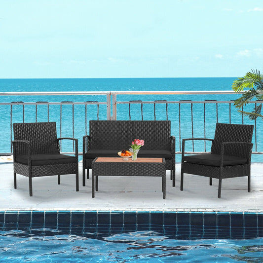 4 Pieces Patio Rattan Cushioned Furniture Set with Wooden Tabletop - Tampa Home & Garden Store