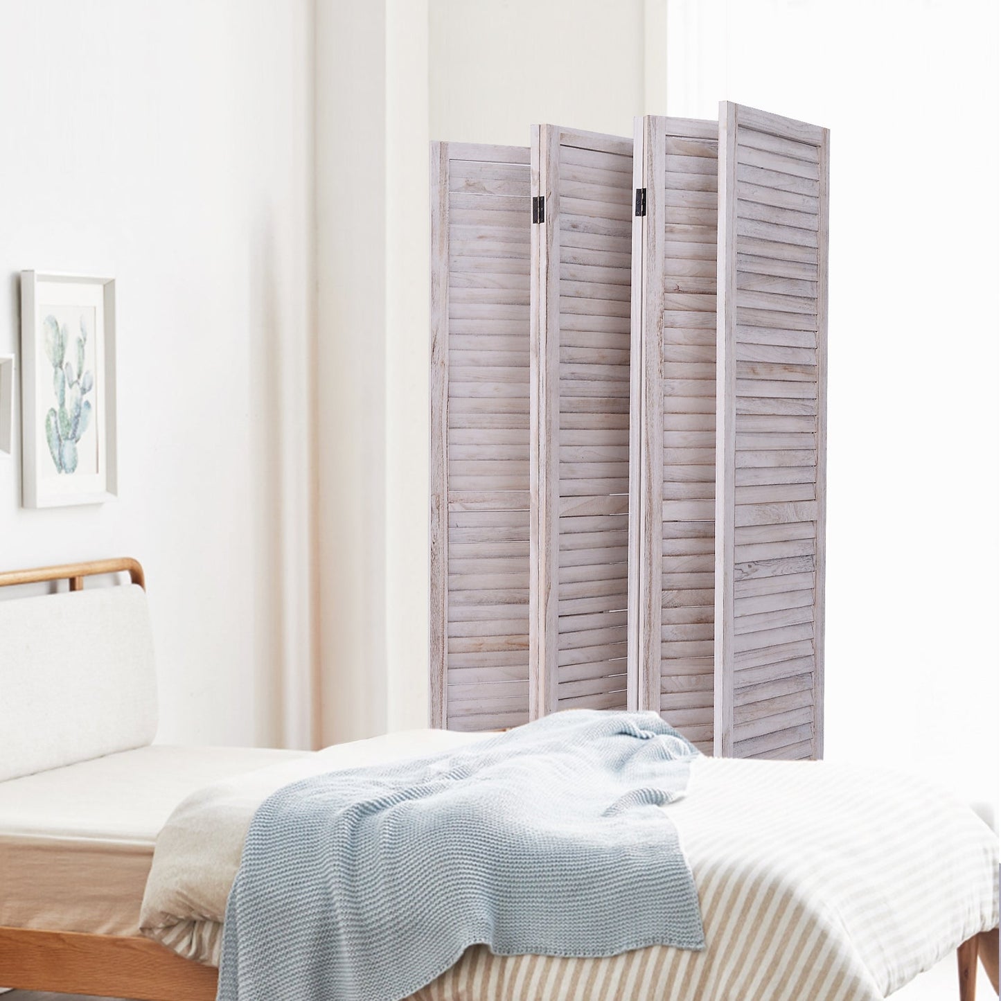 Pantalla divisoria de madera de 6 paneles estilo veneciano con lamas clásicas - Blanca