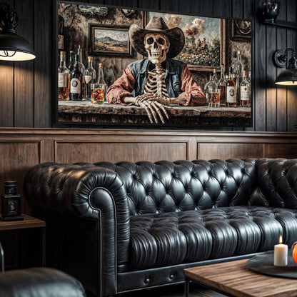 Skeleton cowboy barman canvas wall art in a rustic saloon with bottles and a denim vest on Tampa Home & Garden Store
