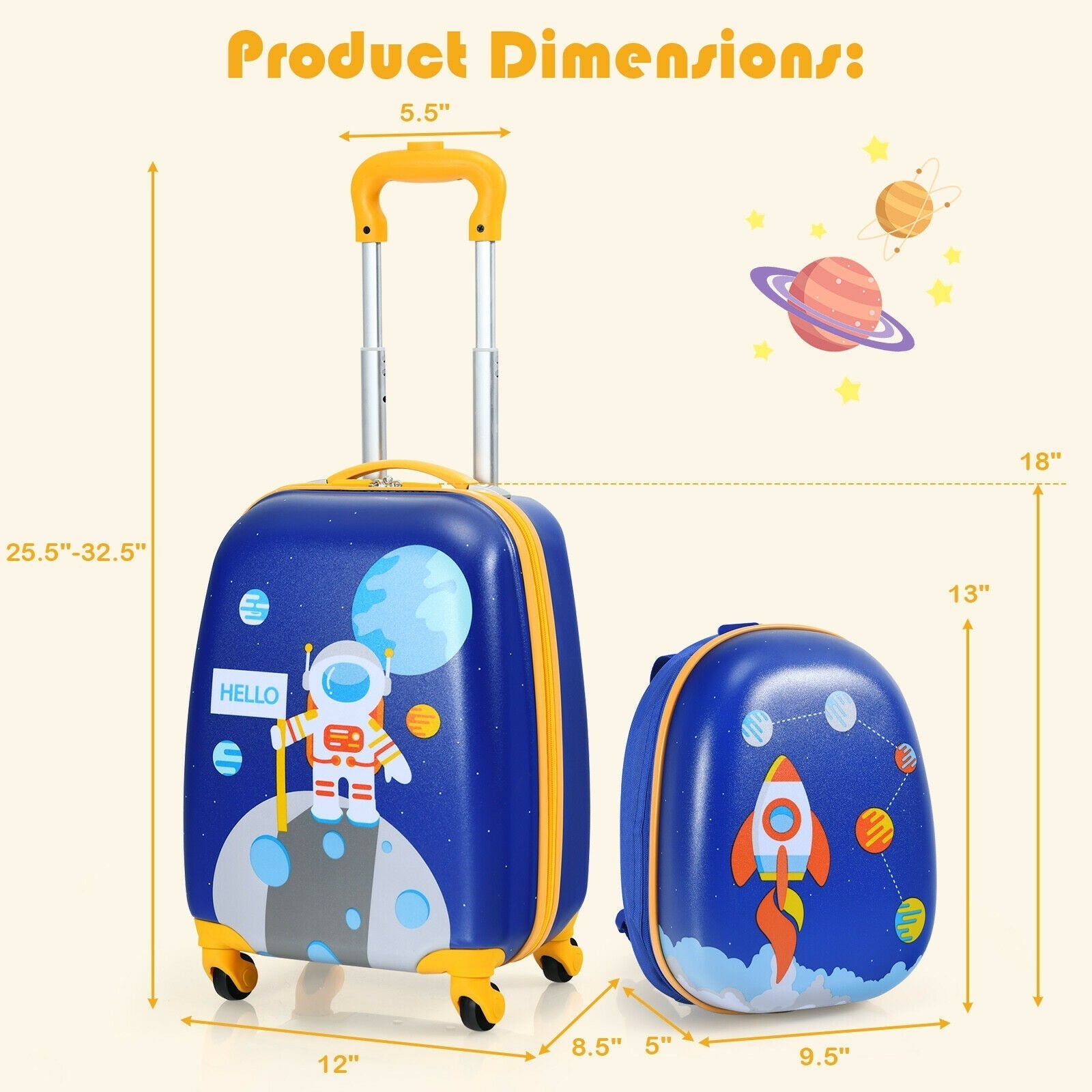 GemGear 2-piece kids luggage set: blue rolling suitcase and backpack with space design on Tampa Home & Garden Store