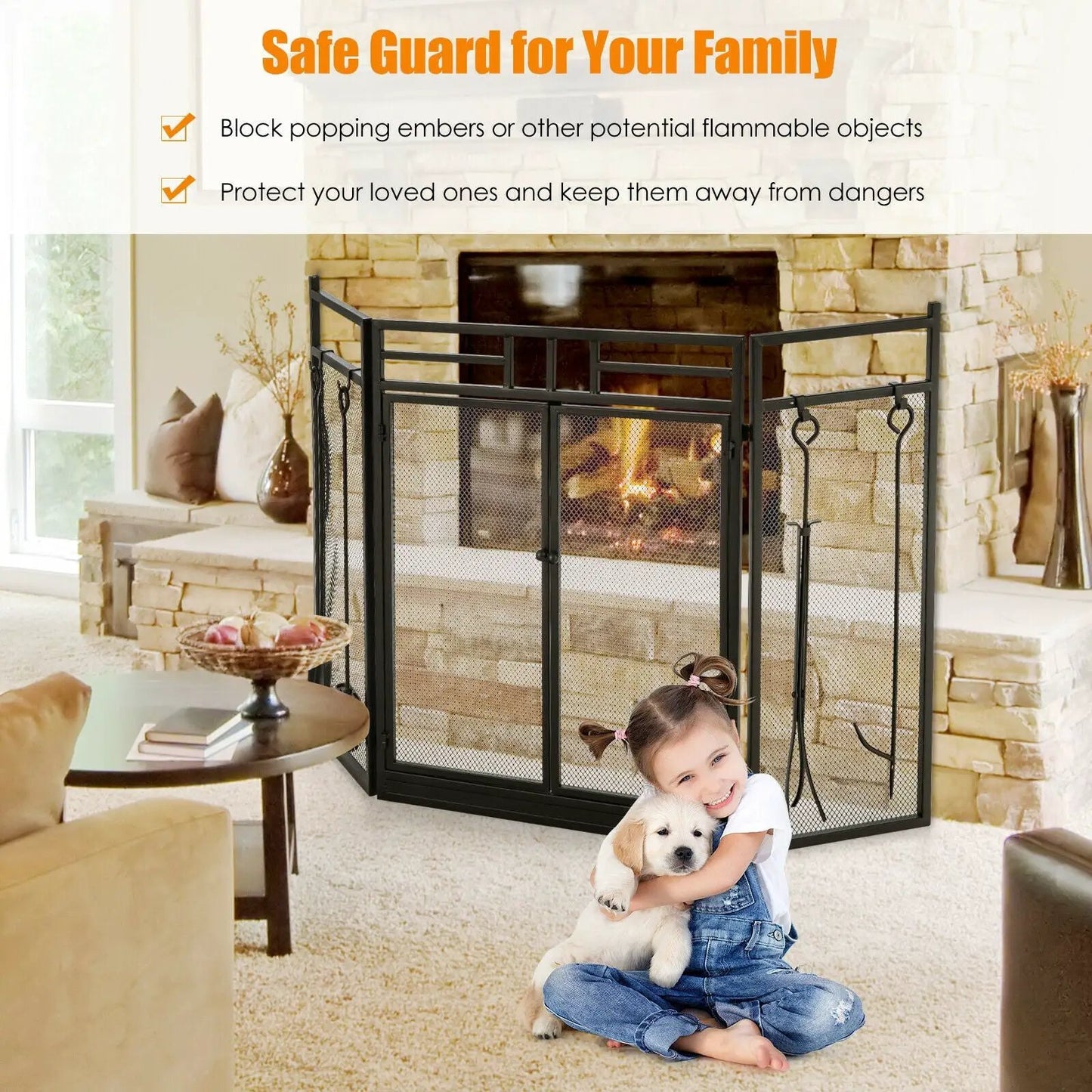 Three Panel Folding Wrought Iron Fireplace Screen