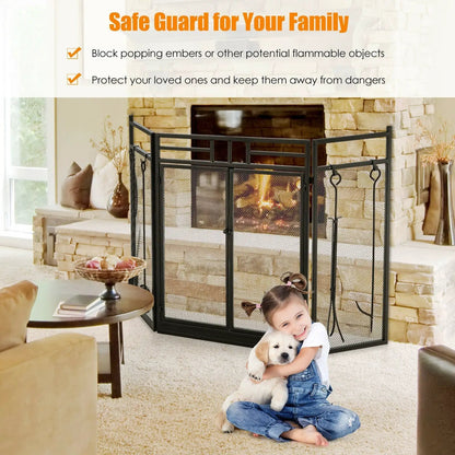 Three Panel Folding Wrought Iron Fireplace Screen