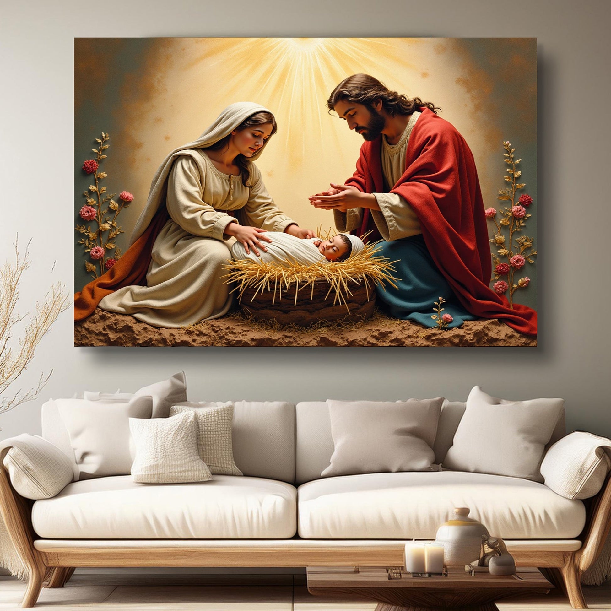 3D Faith Wall Art IV canvas by Tailored Canvases showing nativity scene in warm golden glow on Tampa Home & Garden Store