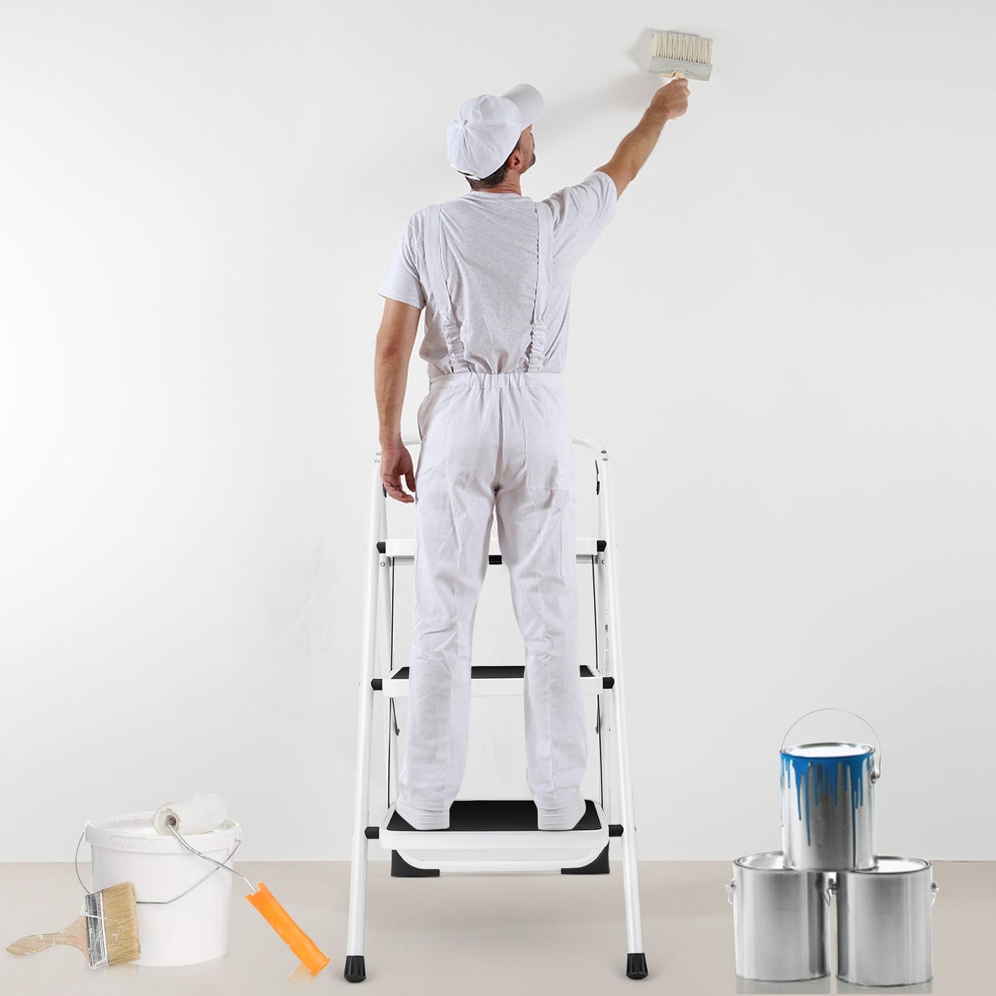 Escalera plegable de 3 peldaños con empuñadura y plataforma antideslizante