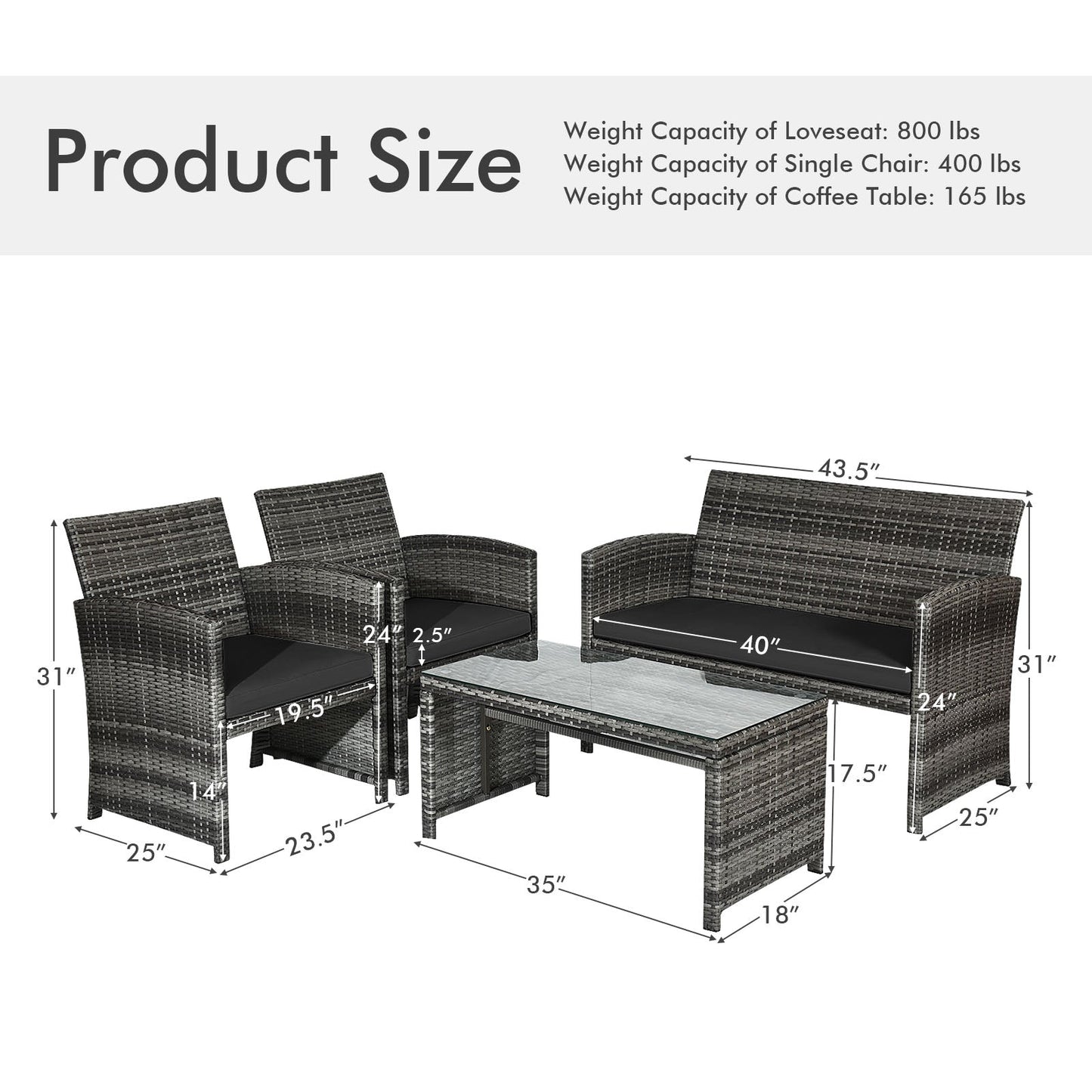 Juego de muebles de patio de ratán de 4 piezas con mesa de vidrio y sofá biplaza - Negro