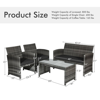 Juego de muebles de patio de ratán de 4 piezas con mesa de vidrio y sofá biplaza - Negro