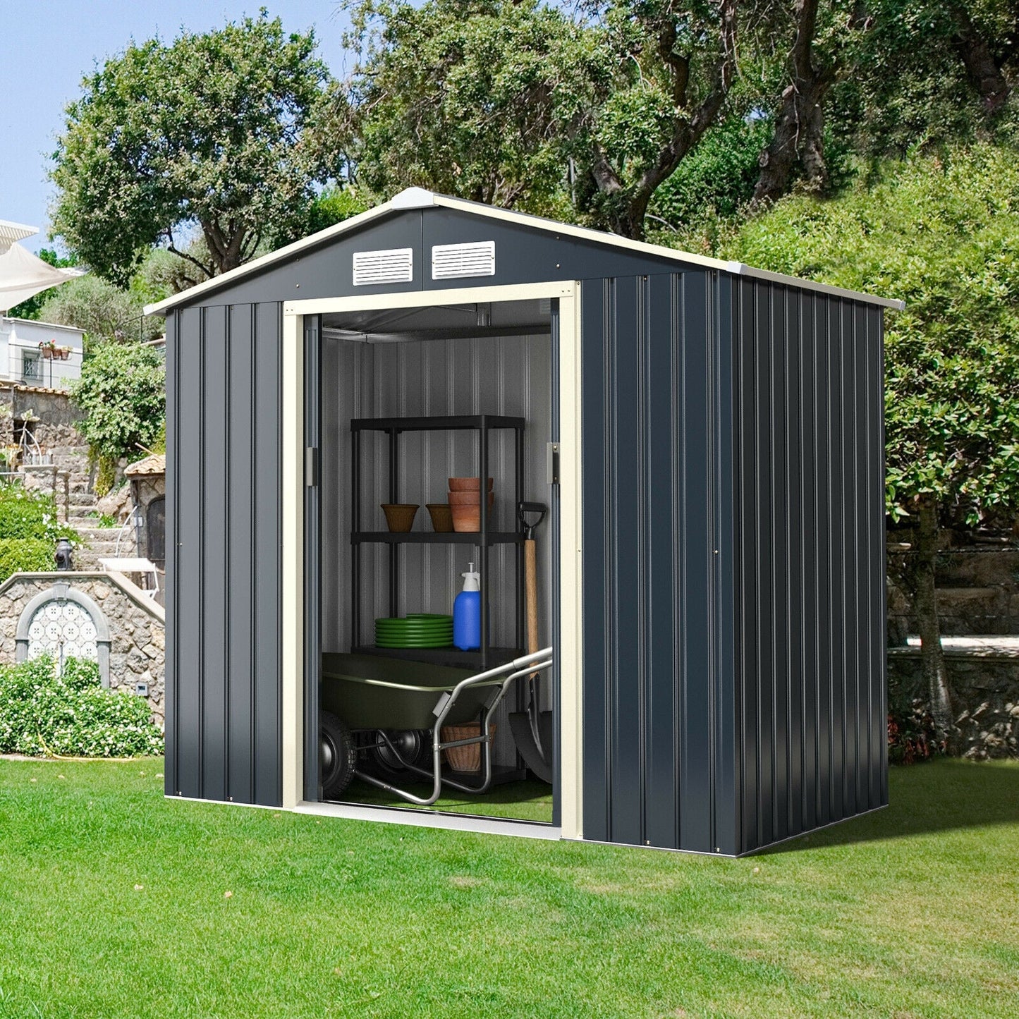 Caseta de Almacenamiento Metálica de 7 Pies x 4 Pies con Puertas Correderas Dobles con Cerradura - Gris