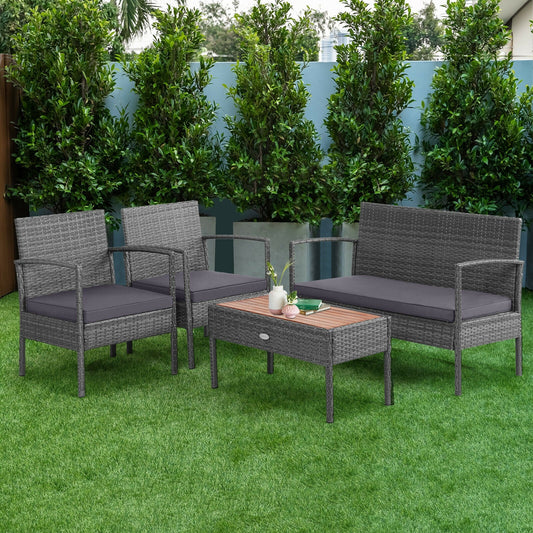 4 Pieces Rattan Patio Conversation Furniture Set with Acacia Wood Tabletop - Tampa Home & Garden Store