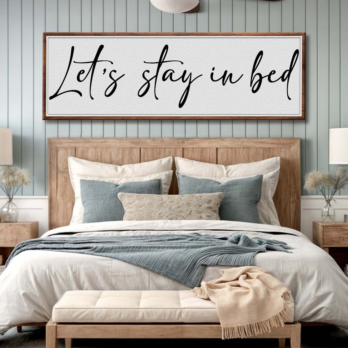Let's Stay in Bed Bedroom Sign II canvas wall art with black script in wooden frame on Tampa Home & Garden Store