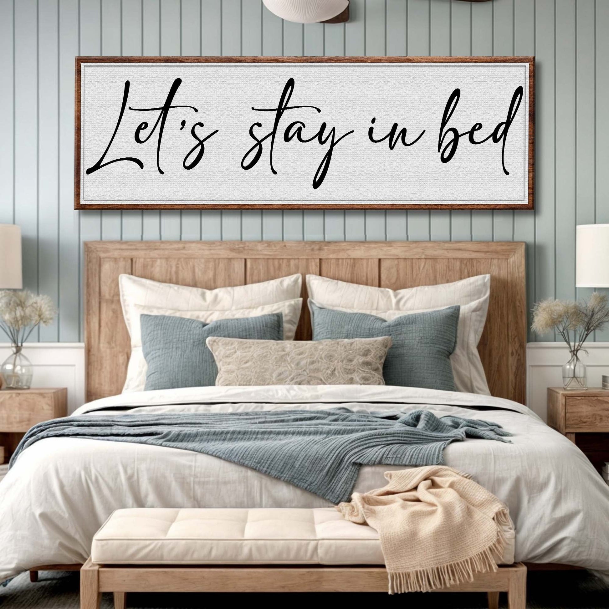 Let's Stay in Bed Bedroom Sign II canvas wall art with black script in wooden frame on Tampa Home & Garden Store
