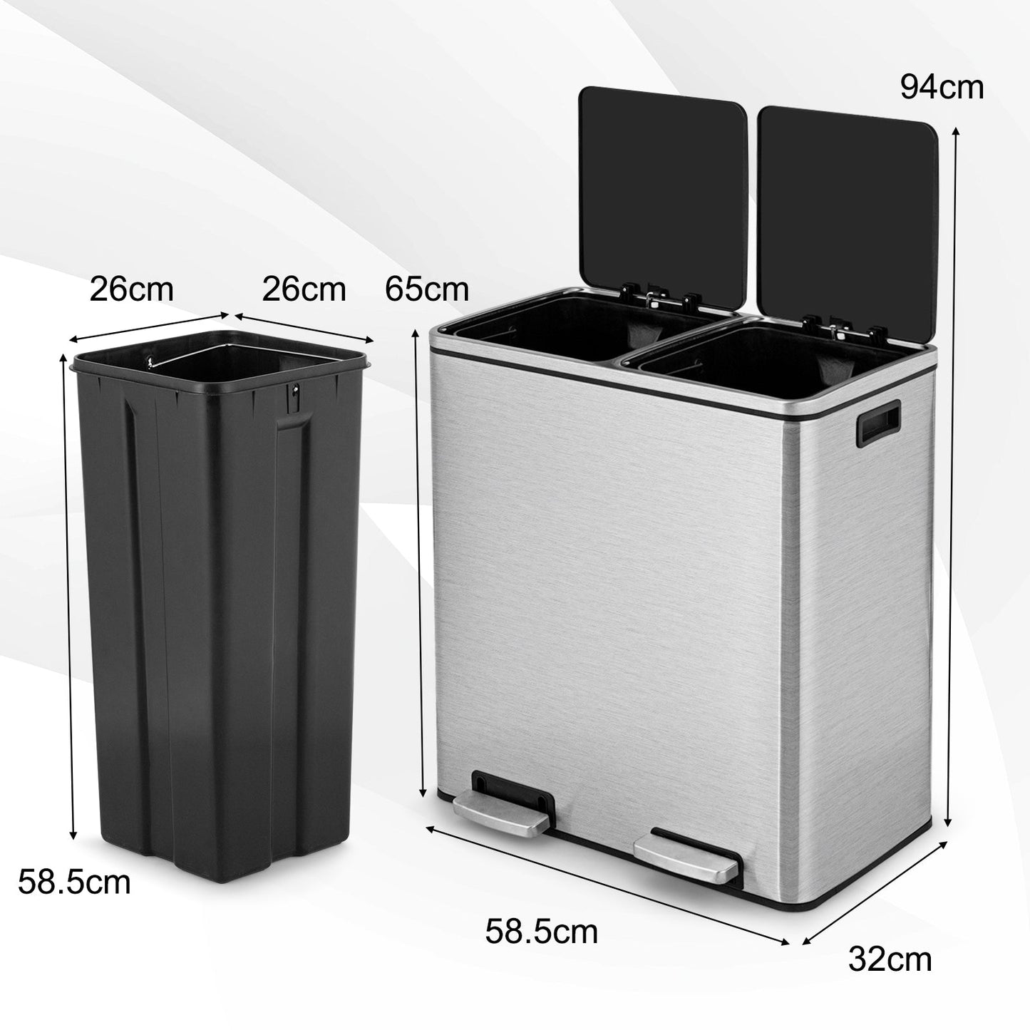 Cubo de basura doble de 60 litros para reciclaje con pedal - Plateado