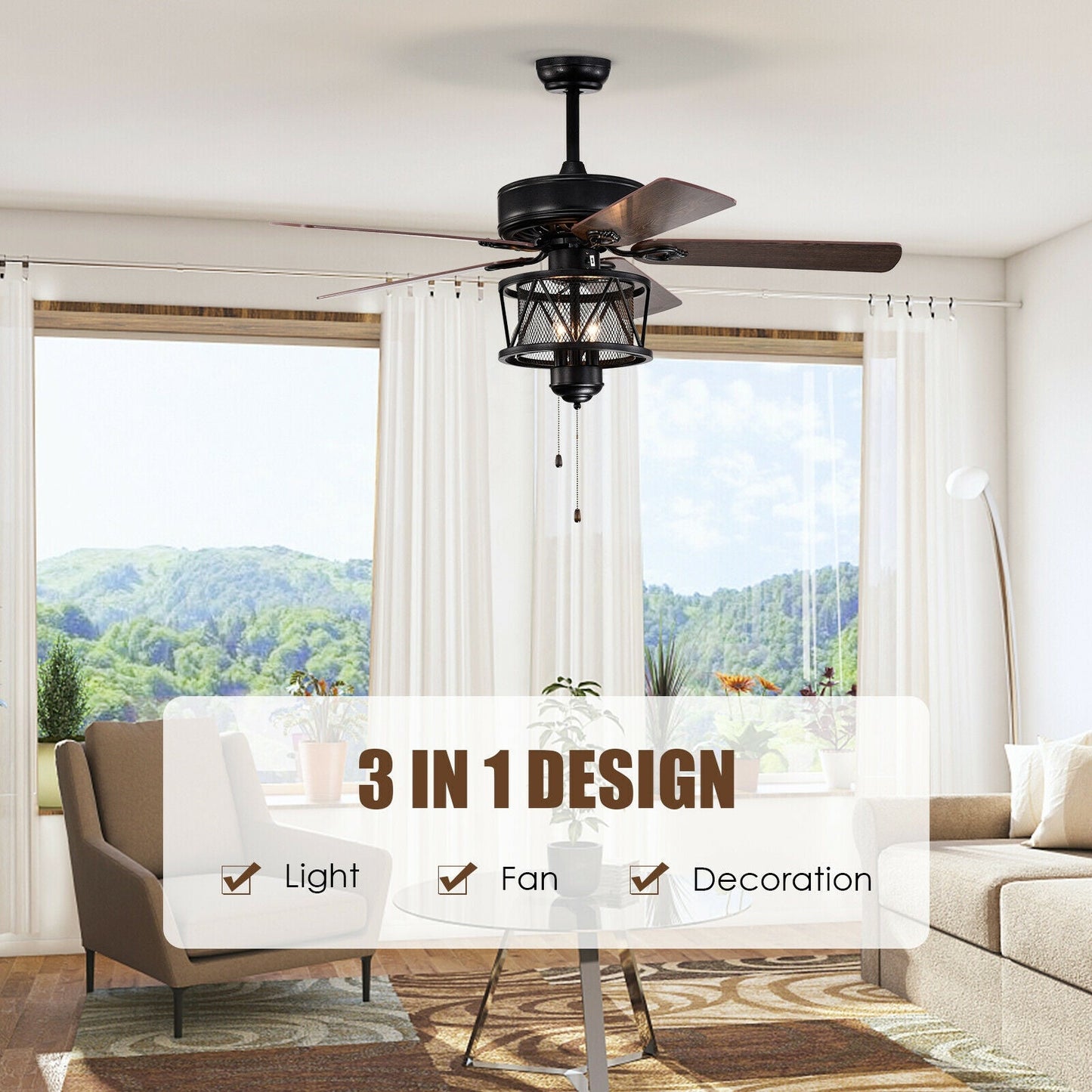 Ventilador de techo de 50 pulgadas con luces, aspas reversibles y control de cadena - Negro