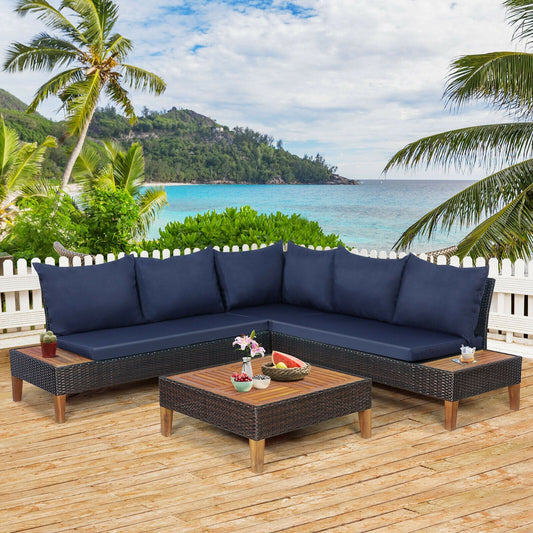 4 Pieces Patio Cushioned Rattan Furniture Set with Wooden Side Table - Tampa Home & Garden Store