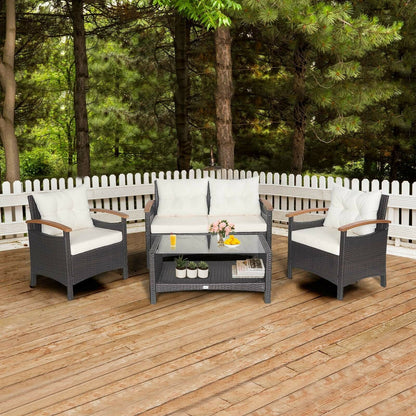 4 Pieces Patio Rattan Furniture Set with Cushioned Sofa and Storage Table-White