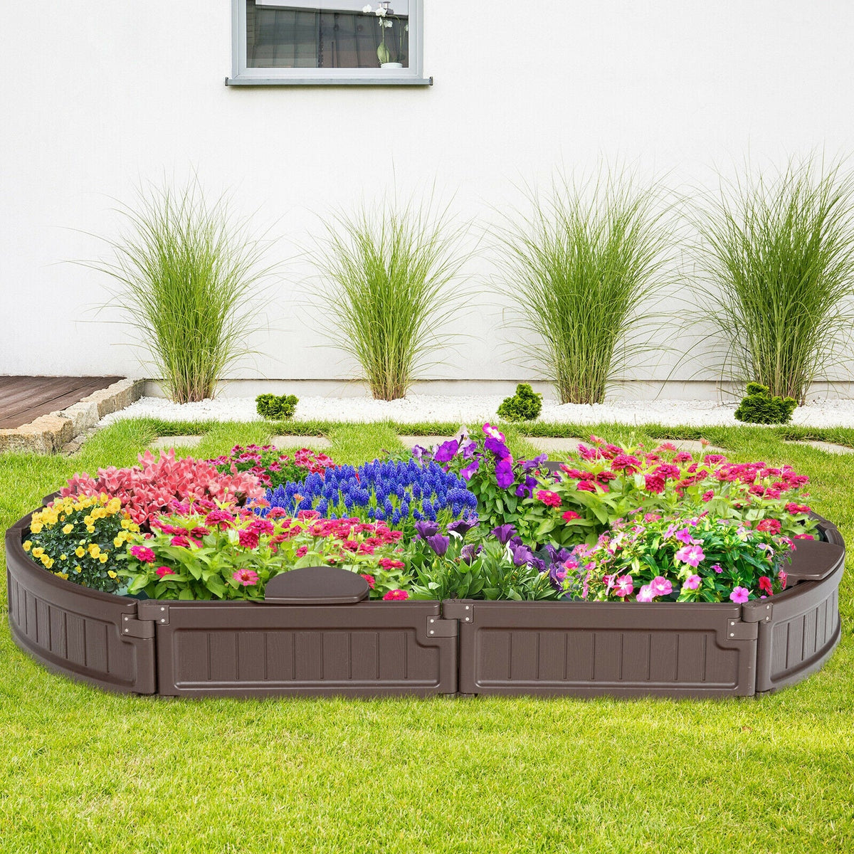Sandbox with built-in corner seat and bottom liner, brown plastic design filled with blooms on Tampa Home & Garden Store