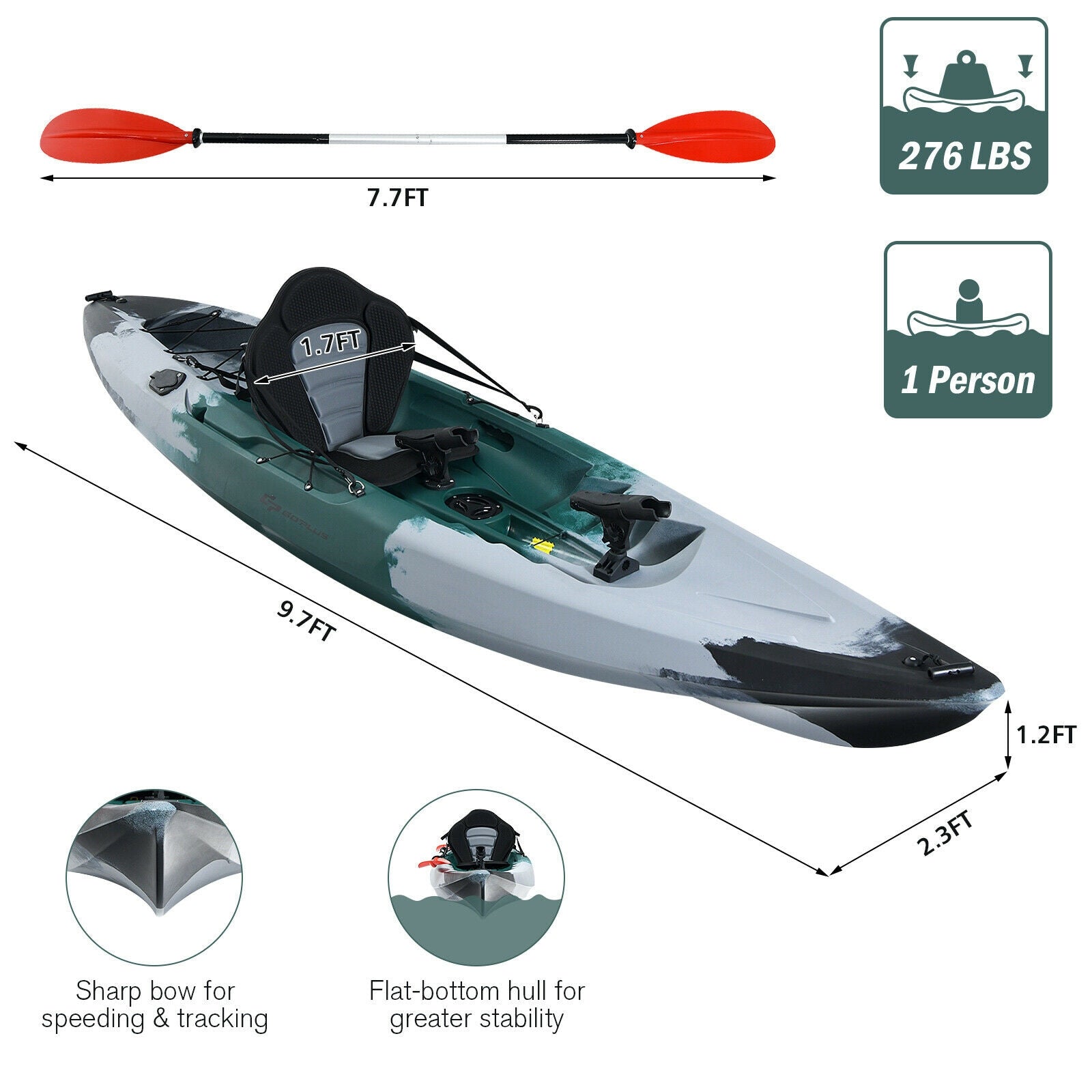GemGear sit-on-top fishing kayak with rod holders and included paddle, gray hull, 2-item set on Tampa Home & Garden Store