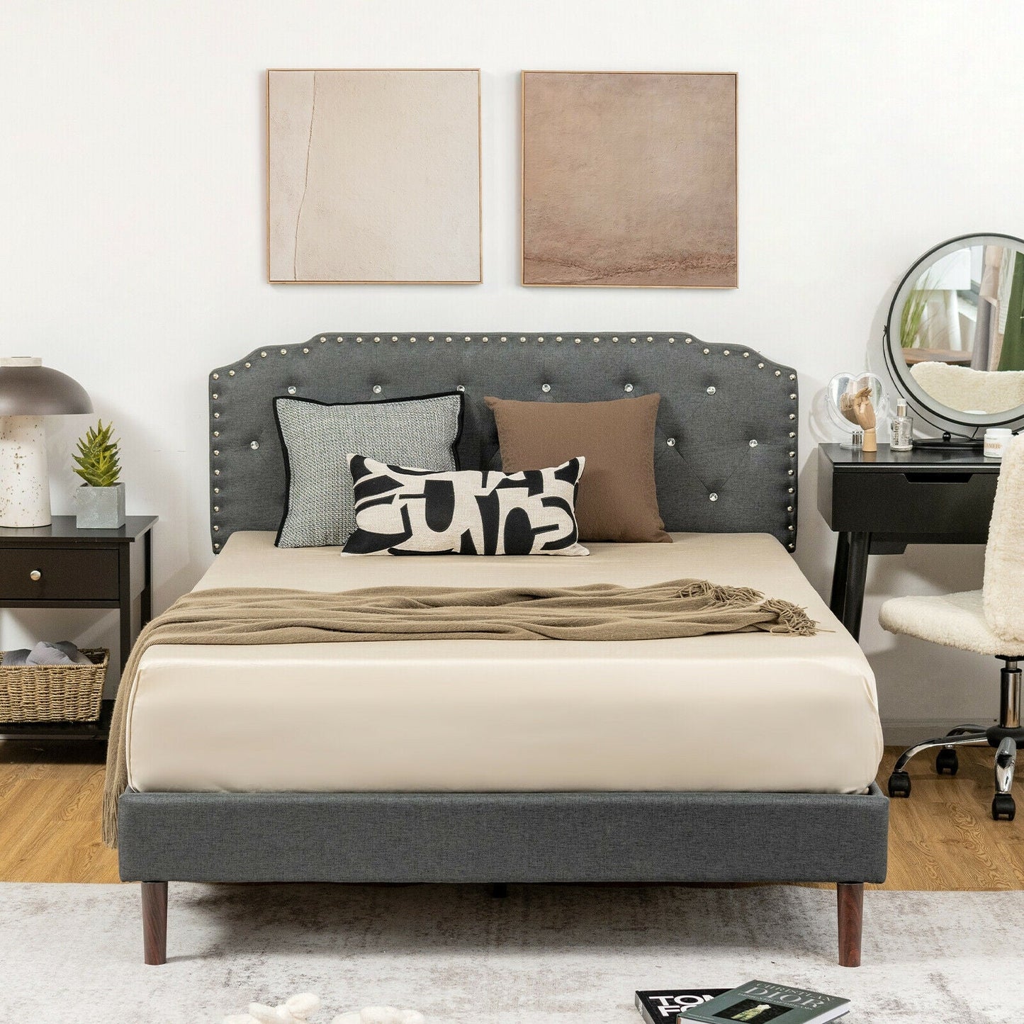 Base de cama tapizada con cabecera capitoné ajustable - Tamaño matrimonial