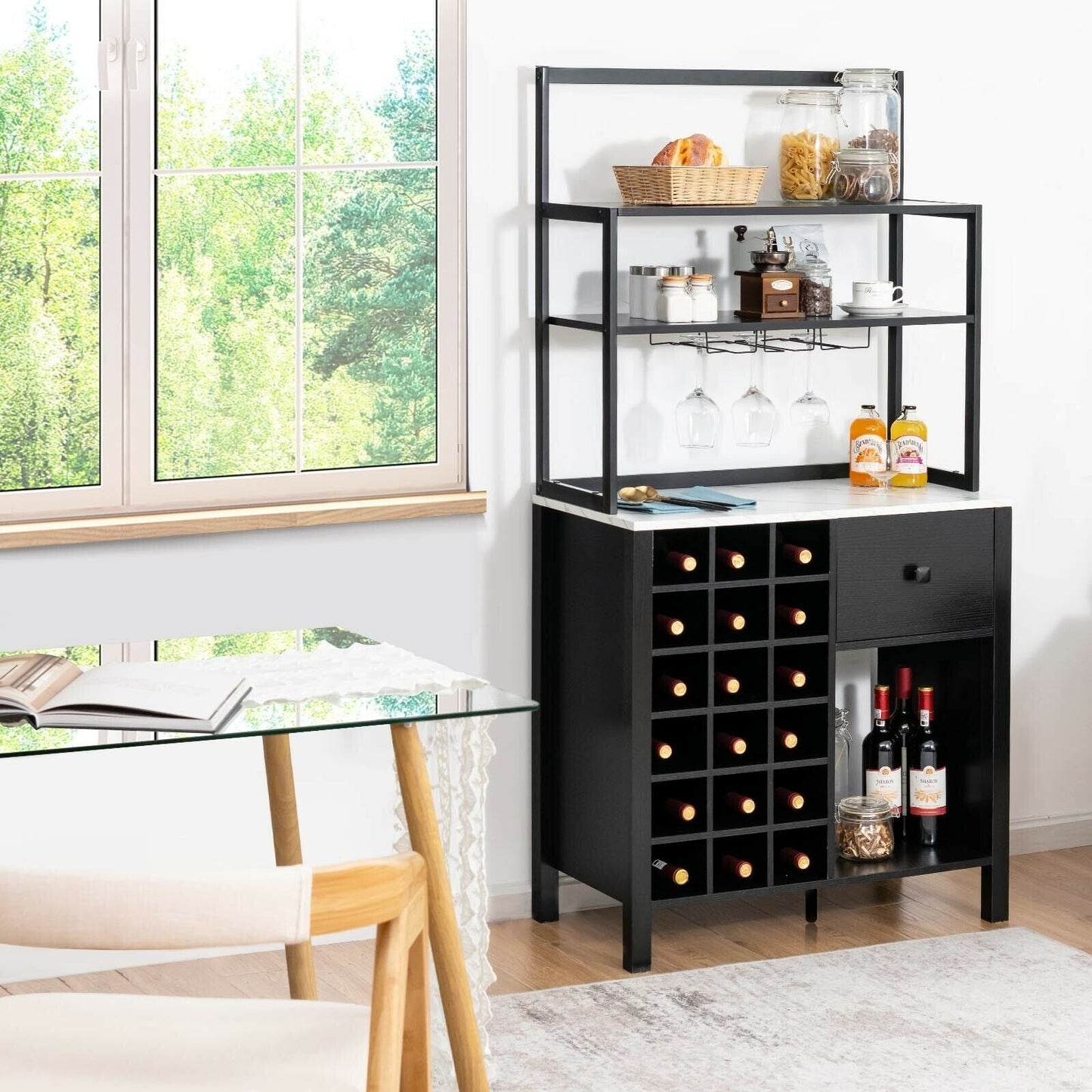 Estantería de cocina para panadero con botellero independiente, mesa con soporte para copas y cajón - Negra